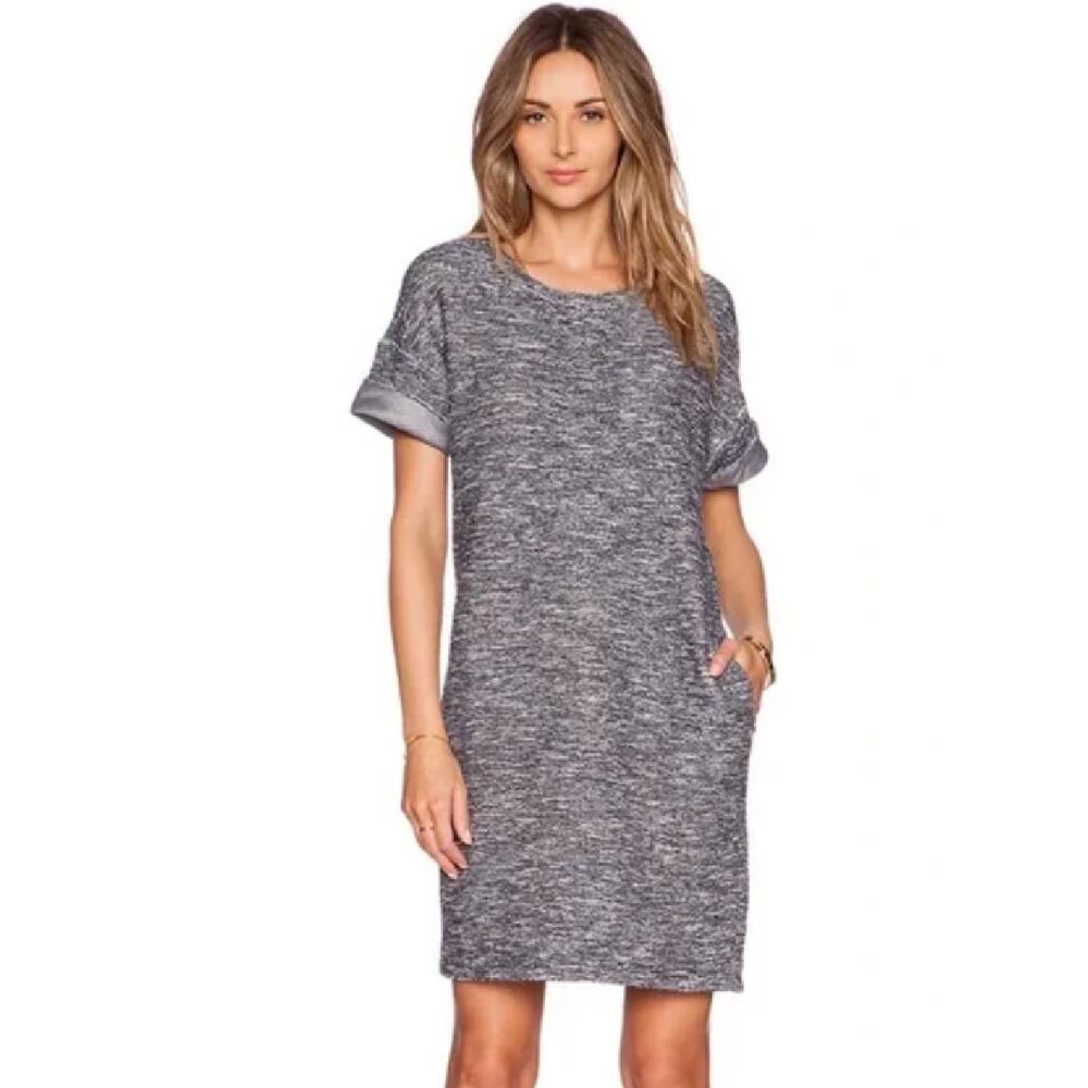 VINCE Marled Tweedy Knit Shift Mini Dress Size Small Blue Short Sleeve Cuff